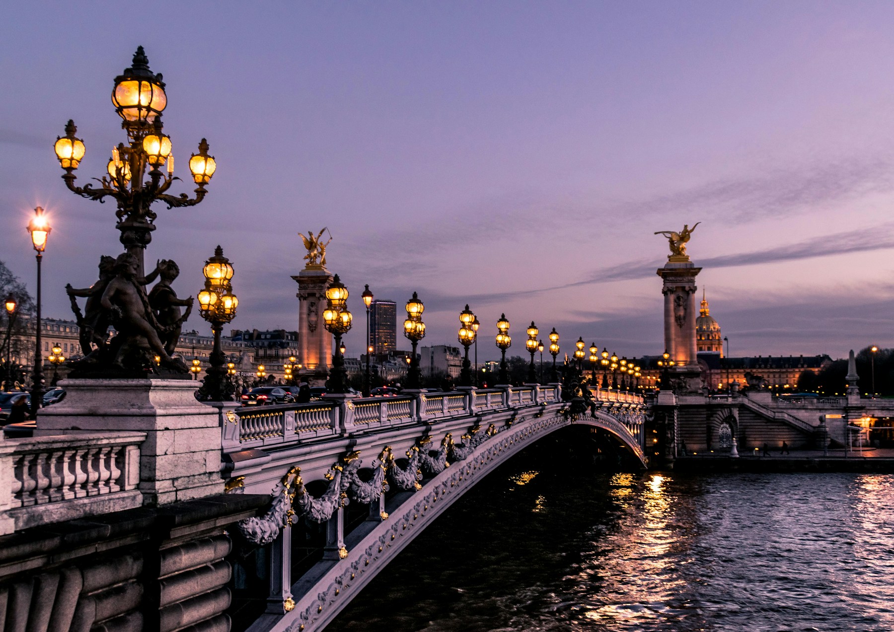 European city at dusk